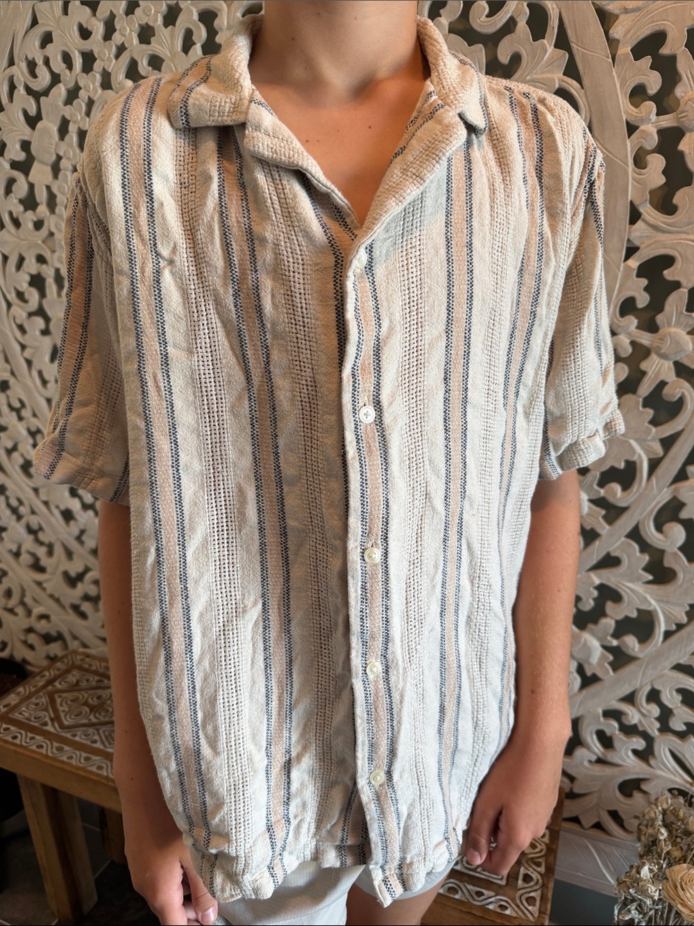Men's Short-Sleeve Button-Up Shirt in Cream with Blue Stripes